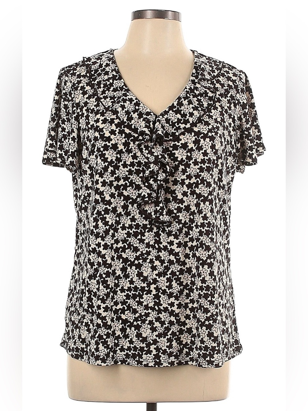 Floral Blouse in Black and White with Flutter Sleeves and a Ruffle Neckline